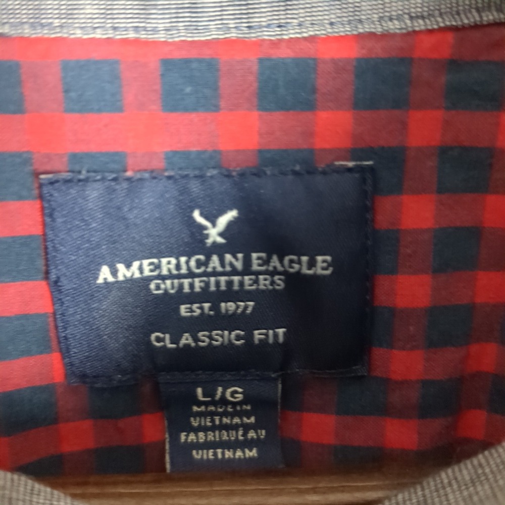 American Eagle Mens Classic Fit Gingham Button Down Shirt Red Navy Blue Large - Picture 8 of 11